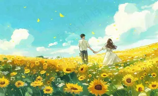 向日葵花海里的情侣恋人浪漫蓝天白云立夏夏至情人卡通插画背景