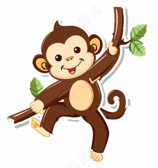 挂树枝的猴子猕猴动物卡通插画免抠