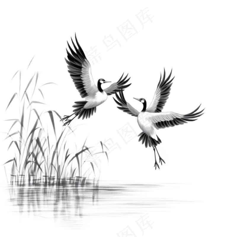 仙鹤白鹤飞过水草芦苇水墨画插画免抠(1024x1024)