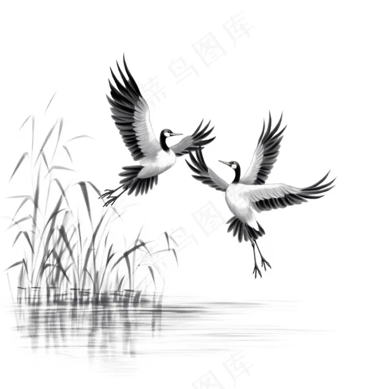 仙鹤白鹤飞过水草芦苇水墨画插画免抠(1024x1024)