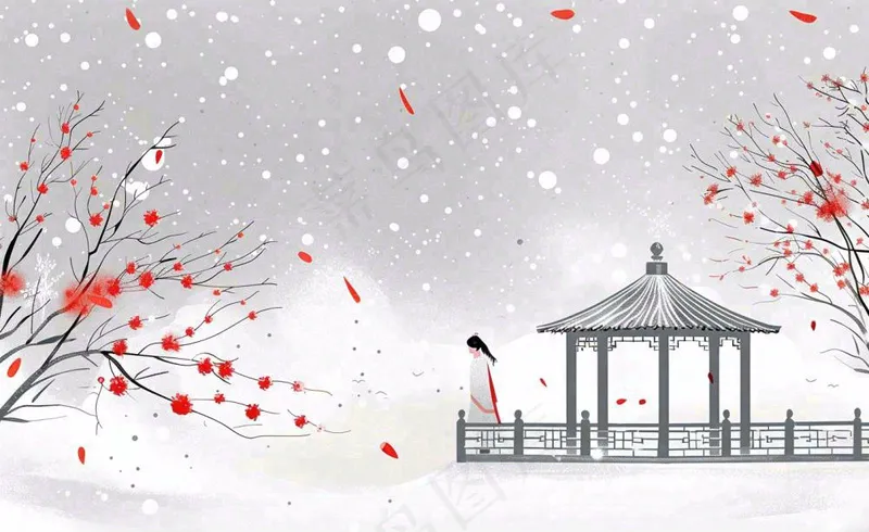 古风冬天雪景红衣女孩梅花雪地里的凉亭大雪小雪冬至中国风插画背景(1408x864)