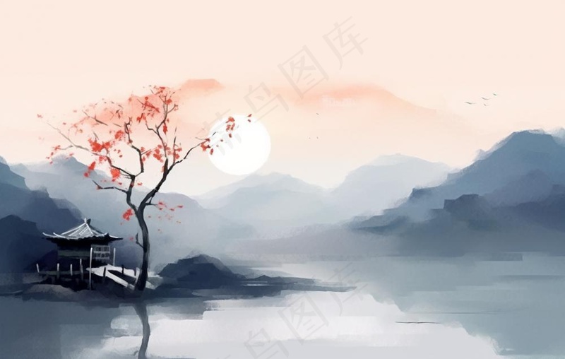 山水水墨画云层山峰中国风插画背景(1360x864)