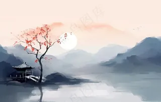 山水水墨画云层山峰中国风插画背景