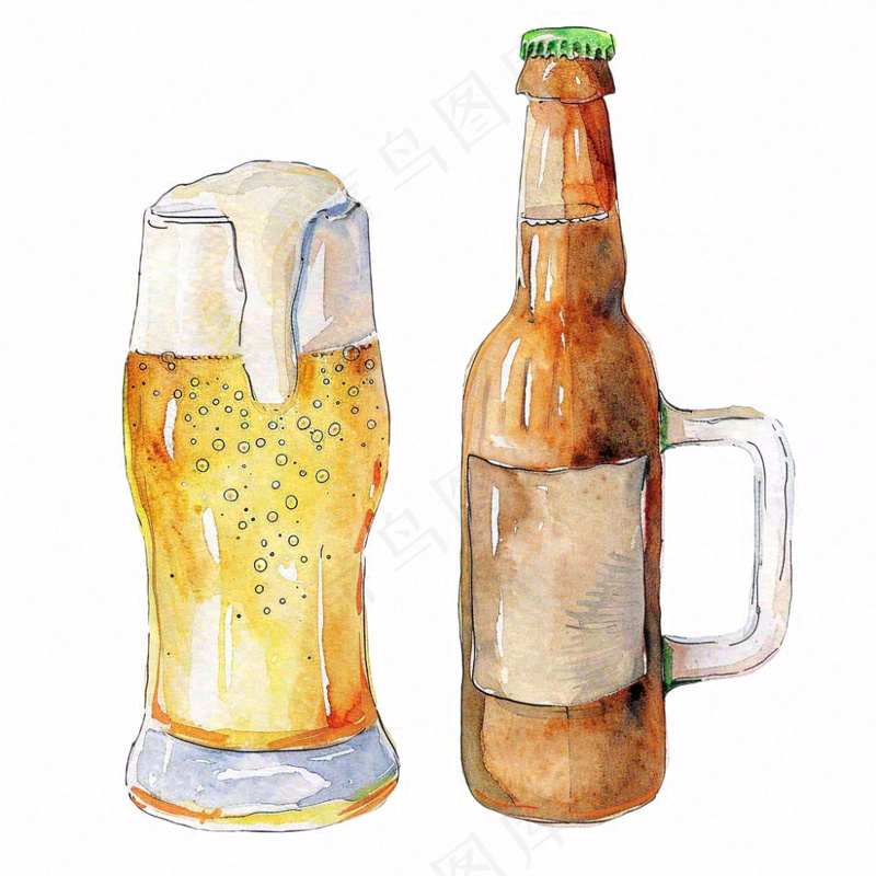 啤酒酒瓶饮料水彩画插画免抠