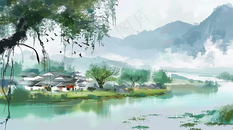 水墨江南水乡国画河边小镇插画背景(4368x2448)