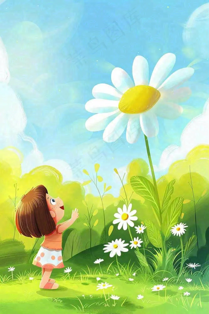 夏天插画手绘夏日风景立夏夏至节气炎热雏菊花朵卡通少女卡通(896x1344)