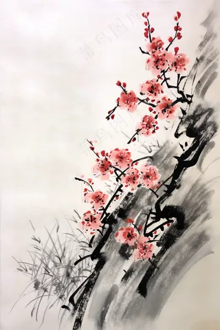 花鸟树枝花草国画水墨画素材背景