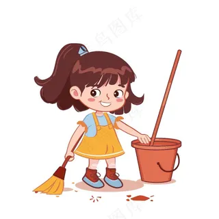 扫地的小女孩搞卫生劳动卡通插画免抠