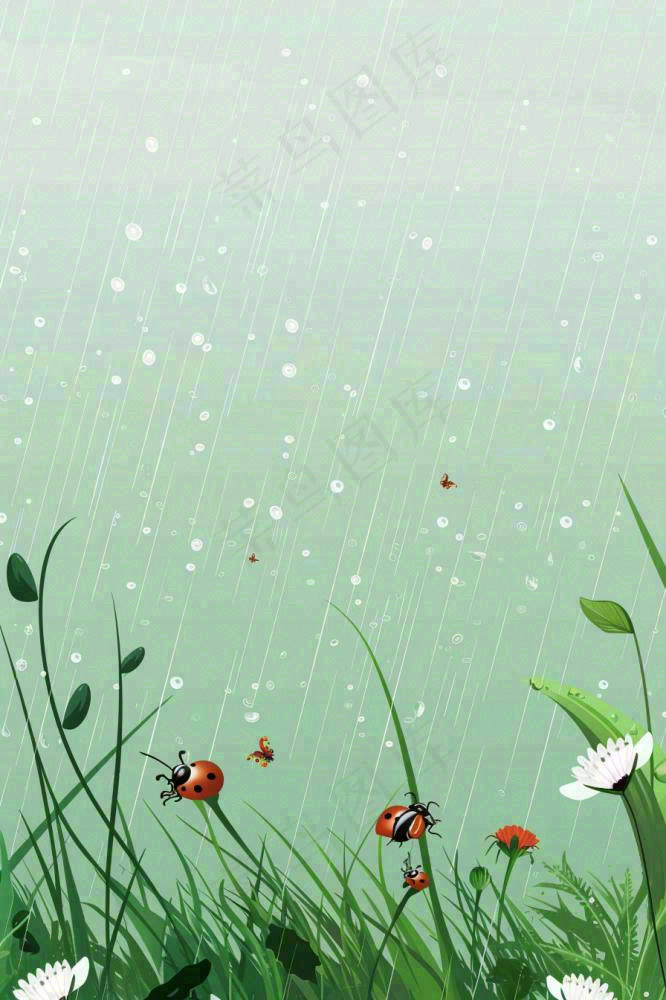 春天草丛花丛昆虫下雨天雨水惊蛰谷雨卡通插画背景(896x1344)