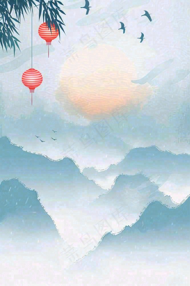 古风山水水墨画柳树柳条日出燕子惊蛰清明端午插画背景(896x1344)