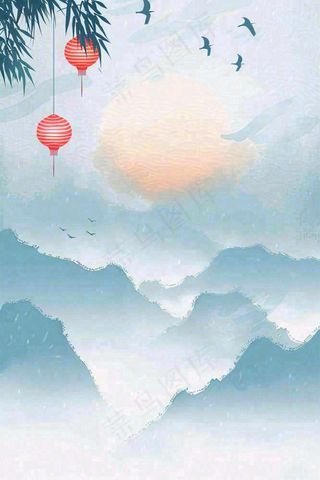 古风山水水墨画柳树柳条日出燕子惊蛰清明端午插画背景