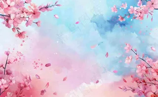 春季出游浪漫水彩樱花蓝粉色樱花林立春春分插画背景
