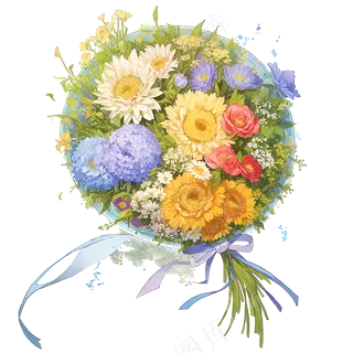 黄色 绿色 手绘 花丛 免抠 素材 6