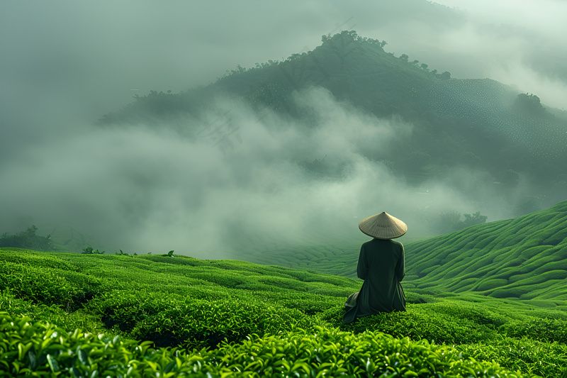 浓雾山脚下的茶园茶田