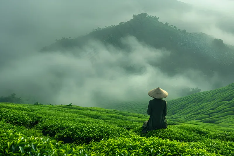 浓雾山脚下的茶园茶田