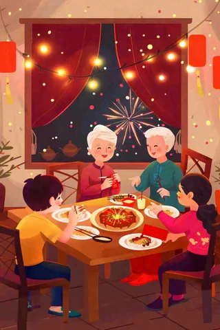 新年除夕夜团圆饭节日喜庆过年团聚一家人春节插画背景