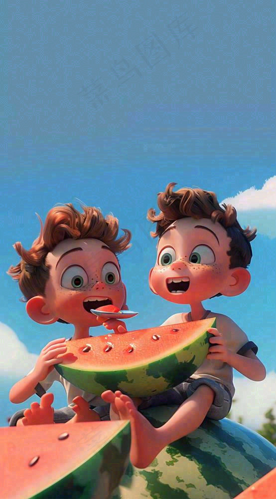 夏天西瓜男孩玩耍欢乐清凉解暑盛夏夏至大暑插画背景(816x1472)