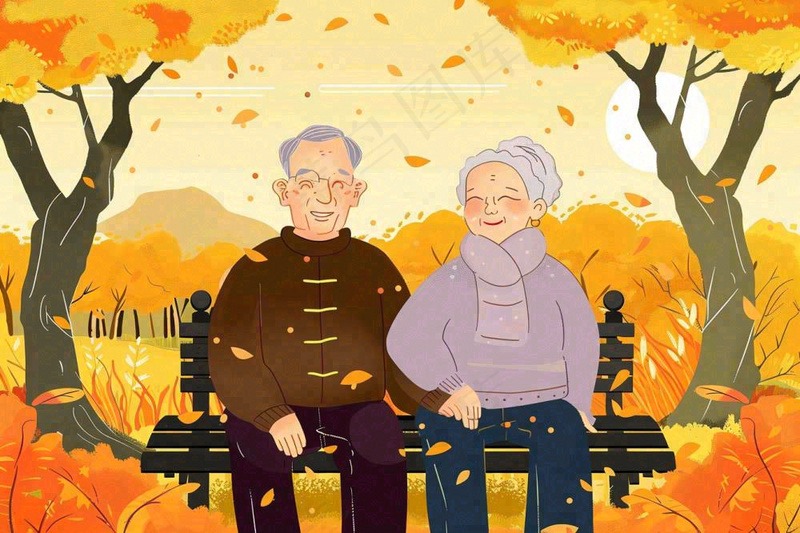 秋天公园长椅坐着的老年夫妻老人互相陪伴黄树落叶重阳佳节卡通插画背景