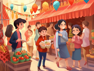 新年春节逛集市逛街热闹买年货喜庆卡通插画背景