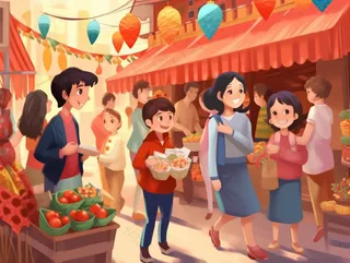 新年春节逛集市逛街热闹买年货喜庆卡通插画背景