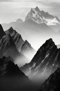 山川山峰层峦叠嶂黑白摄影图