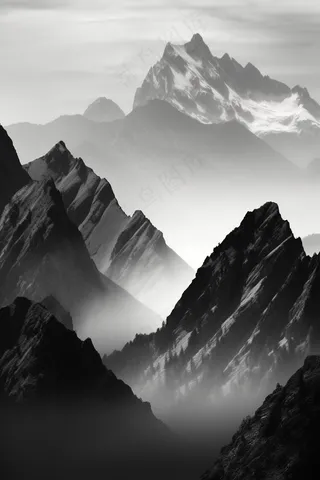 山川山峰层峦叠嶂黑白摄影图