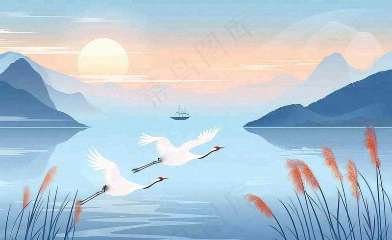 唯美白露仙鹤鸟山水风景秋天芦苇日落日出秋天插画背景