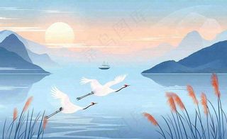 唯美白露仙鹤鸟山水风景秋天芦苇日落日出秋天插画背景