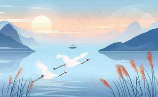 唯美白露仙鹤鸟山水风景秋天芦苇日落日出秋天插画背景