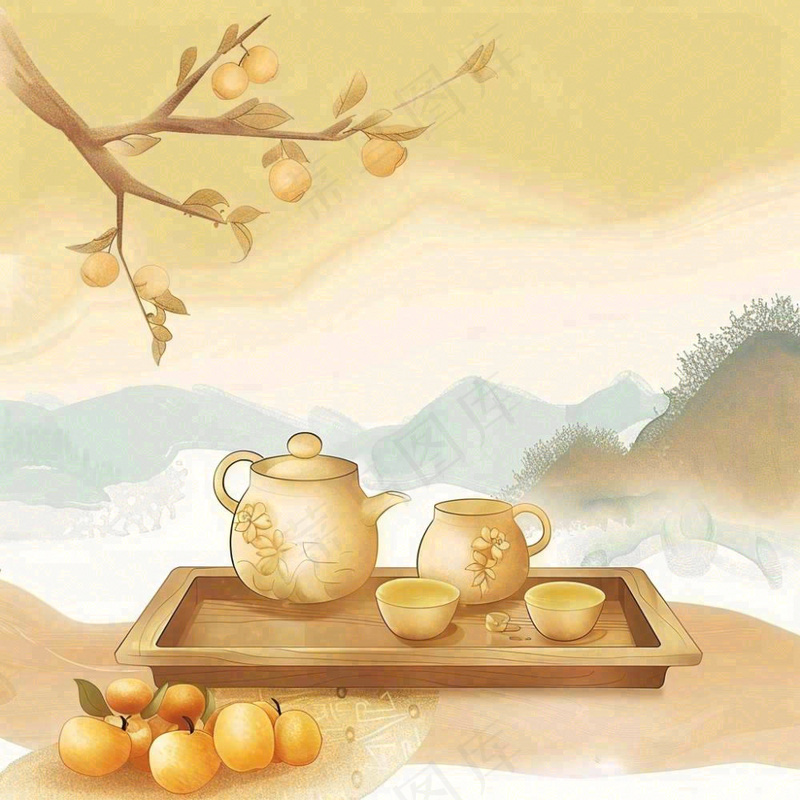 秋天果树杏树下茶壶饮茶卡通插画立秋秋分背景(1024x1024)