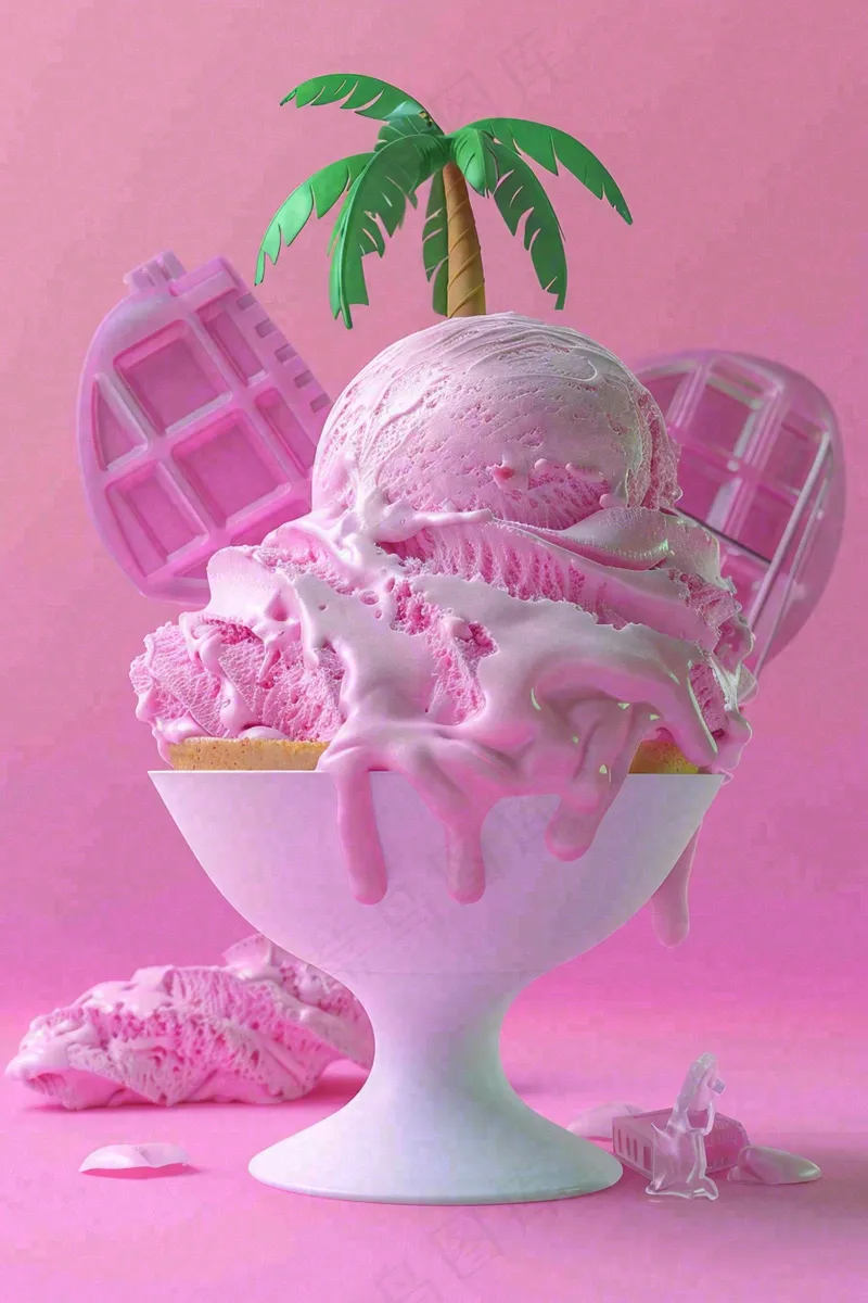 夏日冰淇淋球粉色背景椰子树芭比粉摄影图(2688x4032)