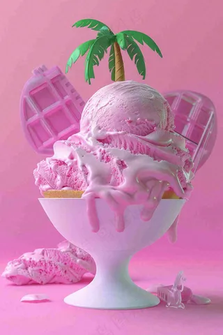 夏日冰淇淋球粉色背景椰子树芭比粉摄影图