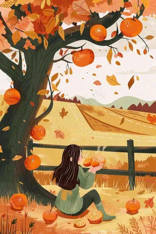 秋天橘子树下的女孩果实果树丰收立秋秋分卡通插画背景