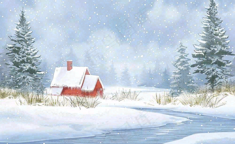 冬天雪景河流森林小屋白雪皑皑小雪大雪冬至立冬水彩画卡通插画背景(1408x864)