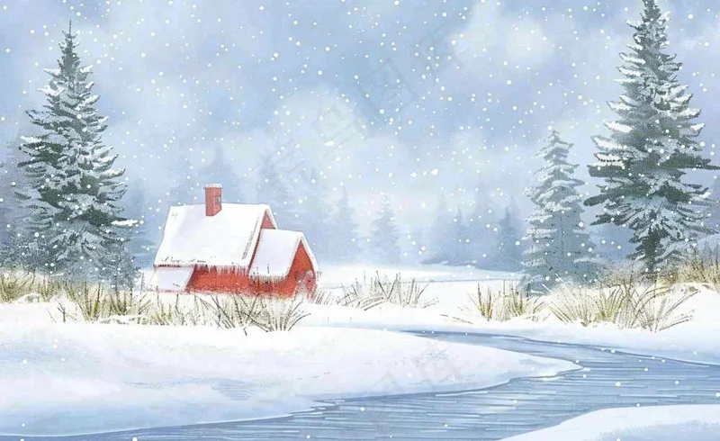 冬天雪景河流森林小屋白雪皑皑小雪大雪冬至立冬水彩画卡通插画背景(1408x864)