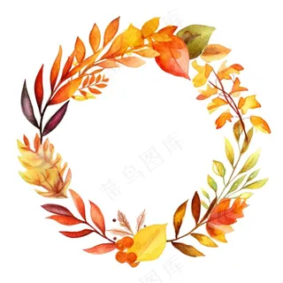 枫叶落叶树叶简约秋天圆形边框水彩画插画免抠