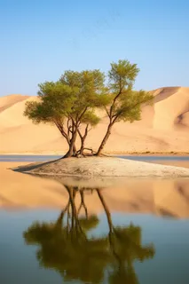 沙漠绿洲湖水倒影的大树摄影图