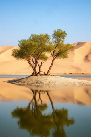 沙漠绿洲湖水倒影的大树摄影图