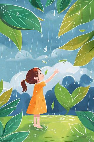 下雨天巨大绿植下的女孩躲雨玩耍雨水谷雨春天卡通插画背景