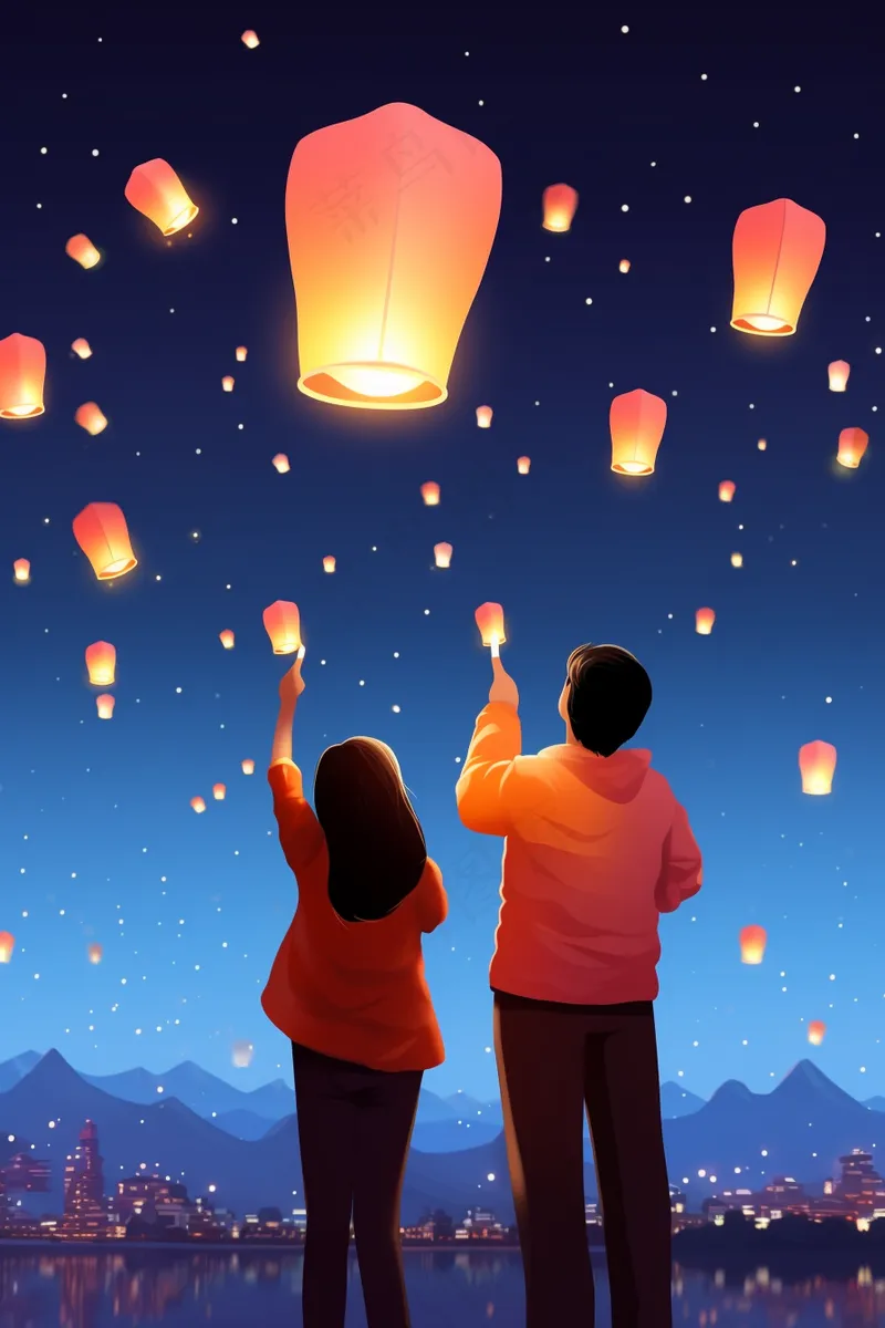 孔明灯祈福点灯情侣卡通插画背景(2688x4032)