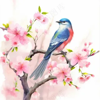 桃花樱花树枝上的蓝色小鸟插画背景