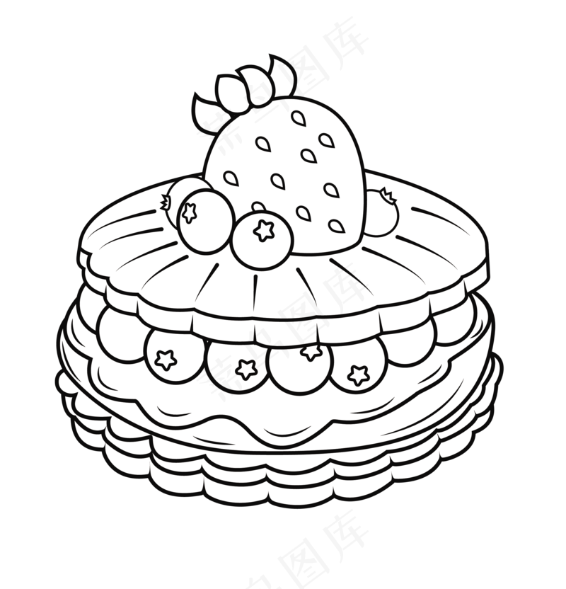 草莓蓝莓水果蛋糕eps,Ai矢量文件黑白线稿