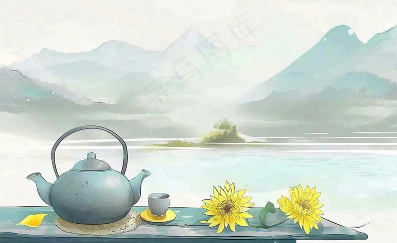 中国山水水墨画菊花饮茶重阳清明寒露插画背景(1408x864)