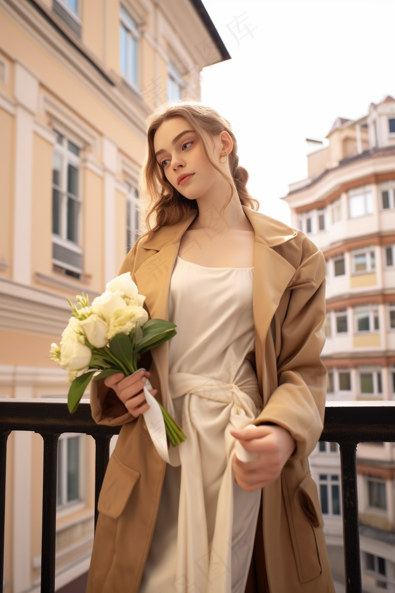 巴黎阳台时尚风衣美女手拿鲜花摄影图