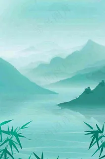 水墨画山水竹林绿色清明端午插画背景