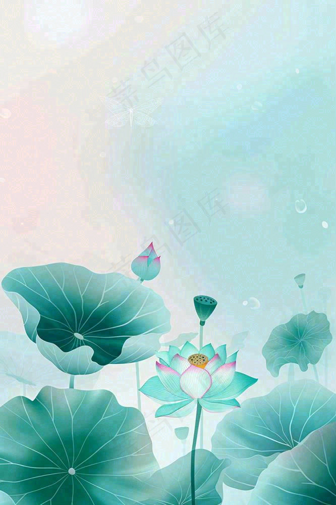 夏天小清新荷花荷叶静雅弥散风绿粉色蜻蜓立夏夏至处暑插画背景