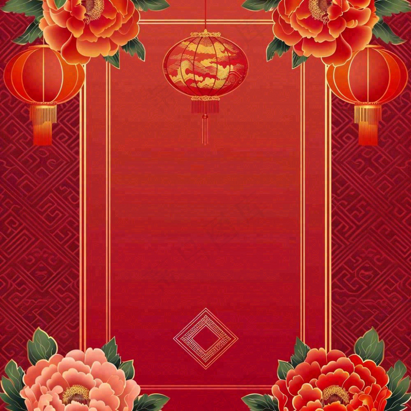新春新年牡丹花灯笼红色边框剪贴画插画背景(1024x1024)