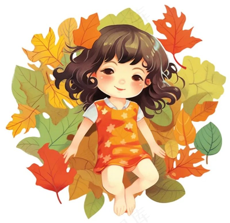 秋天躺着落叶上的女孩儿童树叶卡通插画免抠(1056x1024)