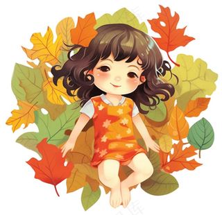 秋天躺着落叶上的女孩儿童树叶卡通插画免抠