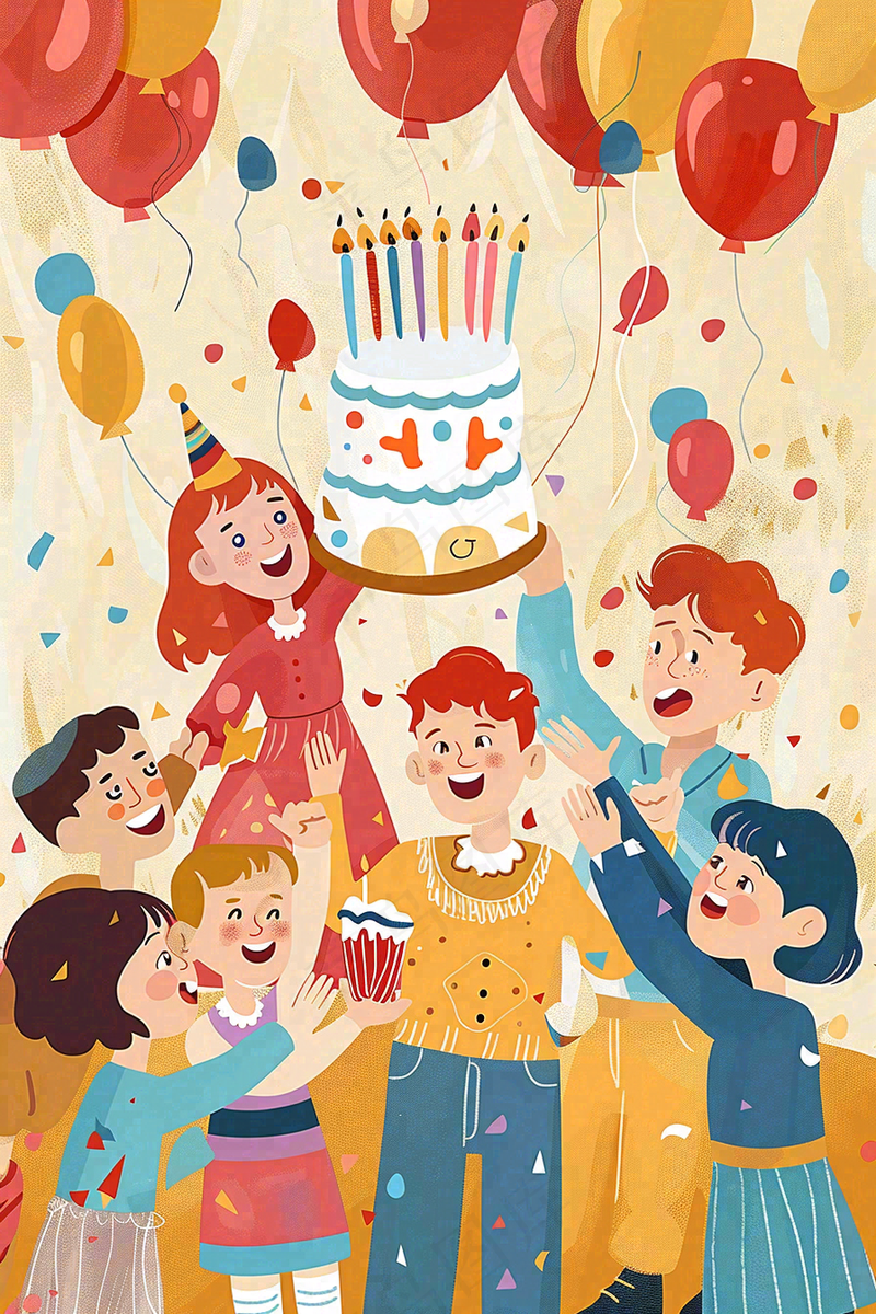 庆祝蛋糕热闹气球彩带愚人节卡通插画背景